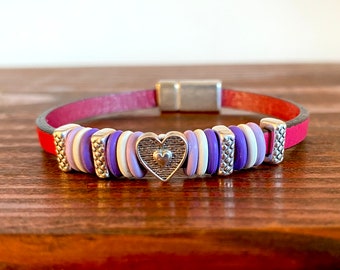 Valentine Bangle / Colorful Heart Bracelet / Bright Leather Bangles / Fun Leather Jewelry / Silver Stacking Bracelet /  Heart Theme