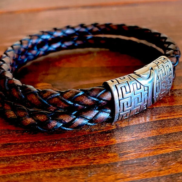 Double Strand Leather Bracelet / Braided Brown Leather Bangle /  Silver Bangle / Leather Jewelry