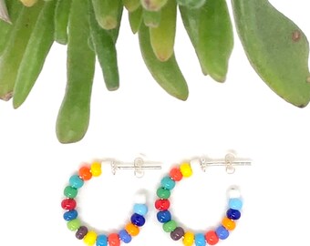 Colorful Beaded Hoops /  Mini Hoop Earrings / Beaded Hoop Earrings / Summer Camp Jewelry / Colorful Jewelry / Gift for Teen