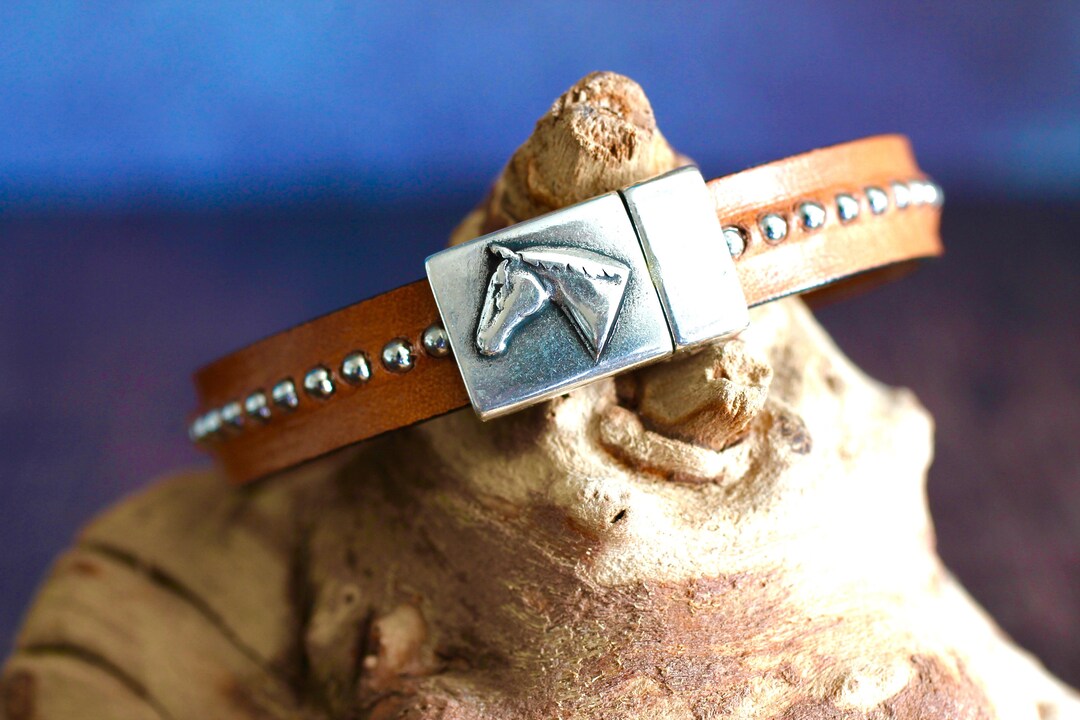 Leather Horse Bracelet / Brown Leather Bracelet / Equestrian Jewelry