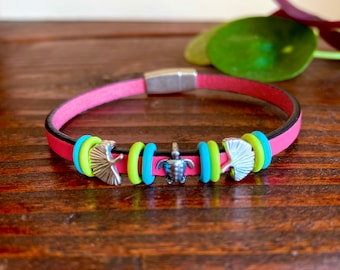 Bright Turtle Bracelet / Colorful Spring Bangle / Bright Leather Bangles / Fun Leather Jewelry / Silver Stacking Bracelet /  Nature Theme