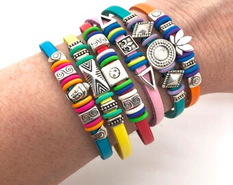 Colorful Leather Bracelets / Bright Leather Bangles / Fun Leather Jewelry / Silver Stacking Bracelet / Fun Teenage Jewelry / Great Teen Gift