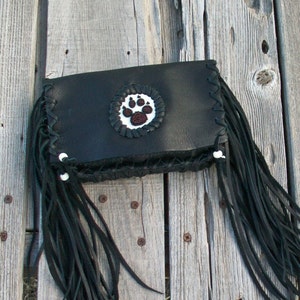 Wolf totem clutch, black leather clutch, beaded wolf paw, fringed leather clutch, handmade clutch, fringed black clutch,