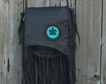 Leather handbag, Artisan crossbody bag with beaded turtle totem , Fringed leather handbag