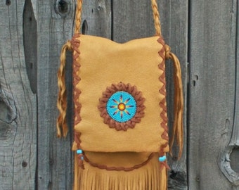 Beaded hippie purse , fringed leather handbag , crossbody leather purse , beaded bag