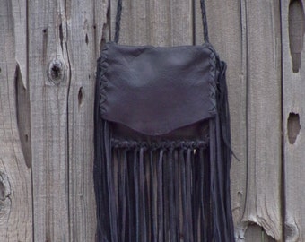 Handmade Leather Fringe Crossbody Bag, Small Black Purse