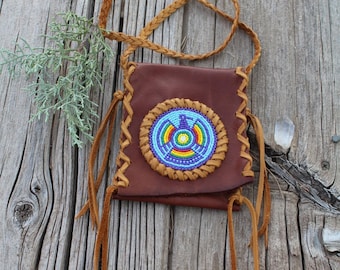 Beaded medicine bag, leather pouch with rainbow Thunderbird