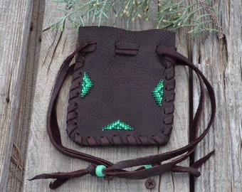 Beaded leather medicine bag, drawstring leather pouch, crystal bag, gift bag, keepsake bag