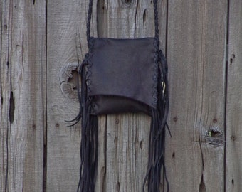 Fringed Leather Crossbody Phone Bag: Handmade Small Black Purse
