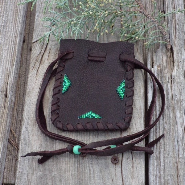 Beaded leather medicine bag, drawstring leather pouch, crystal bag, gift bag, keepsake bag