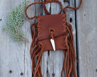 Leather neck pouch with fringe and an antler tip closure , Fringed medicine bag , Leather neck bag