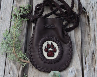 Leather wolf paw medicine bag, crossbody leather bag, wolf medicine bag, leather pouch, shamans medicine bag, wolf amulet bag