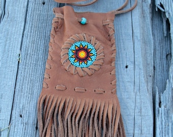 Fringed Leather Medicine Bag, Beaded Sunflower Amulet, Handmade