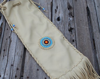 Beaded chanupa bag , Leather pipe bag , Fringed leather pipe bag