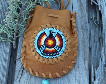 Handmade leather pouch, Thunderbird medicine bag, amulet bag