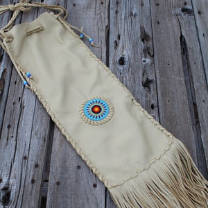 Beaded chanupa bag , Leather pipe bag , Fringed leather pipe bag image 1