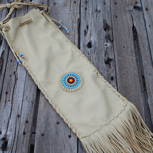 Beaded chanupa bag , Leather pipe bag , Fringed leather pipe bag