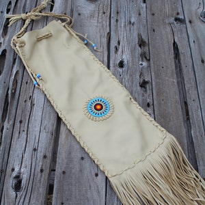 Beaded chanupa bag , Leather pipe bag , Fringed leather pipe bag image 2