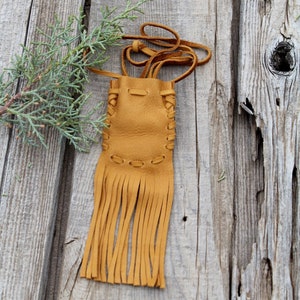 Leather medicine bag , fringed leather pouch , fringed neck bag , leather necklace bag, crystal pouch,