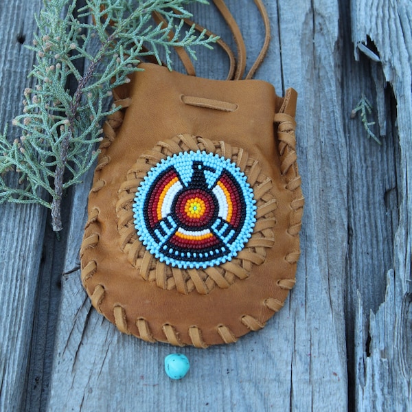 Handmade leather pouch, Thunderbird medicine bag, amulet bag