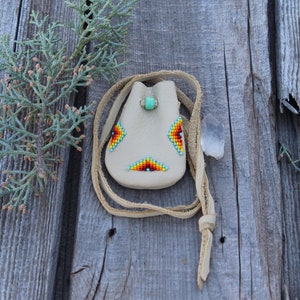 Beaded leather amulet bag, beaded necklace bag, soft leather pouch, medicine pouch, beaded gift bag