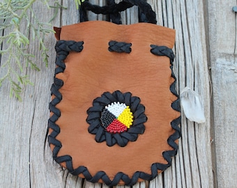 Beaded Leather Medicine Bag: Four Directions Rosette Amulet