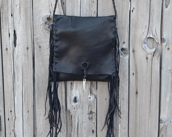 Black leather handbag, fringed leather bag, boho crossbody style bag, black leather purse