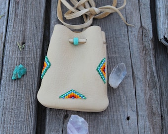 Beaded medicine bag, buckskin beaded pouch, crystal pouch, mojo bag, beaded shamans bag, buckskin necklace bag,