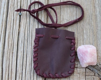 Burgundy medicine bag, ready to ship, leather pouch, crystal bag, leather pouch, carved fetish bag