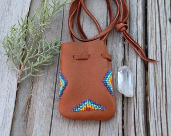 Beaded medicine bag, shamans bag, necklace bag, beaded buckskin leather medicine bag, crystal bag