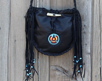 Black Leather Thunderbird Beaded Tote Bag: Handmade Handbag