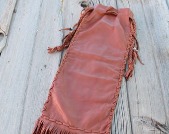 Fringed Mahogany Leather Pipe Bag, Braided Drawstring, Crow Beads