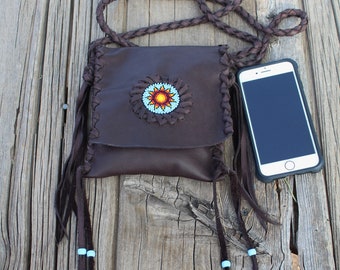 Beaded Sunflower Leather Crossbody Phone Bag: Handmade Festival Bag