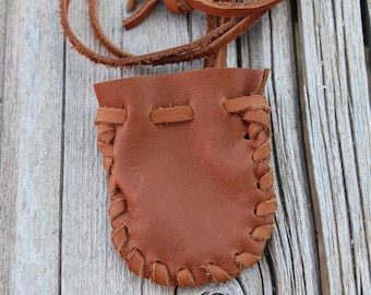 Handmade Leather Medicine Bag, Rust Crystal Pouch, Neck Strap