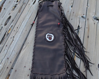 Chanupa bag , Fringed leather pipe bag  with beaded bear totem , Leather pipe bag
