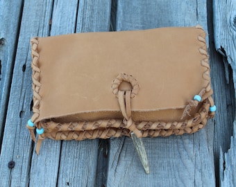 Handmade Tan Leather Clutch: Antler Closure, Turquoise Beads