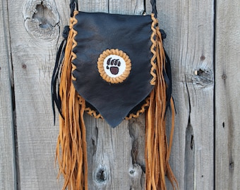 Fringed Leather Handbag: Beaded Bear Paw, Small Phone Bag