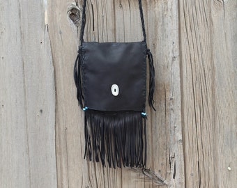 Fringed Black Leather Crossbody Bag: Handmade Cowhide Purse