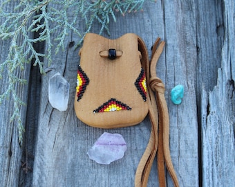 Beaded four directions medicine bag, buckskin leather pouch, necklace bag, leather amulet bag, beaded talisman pouch, shamans bag