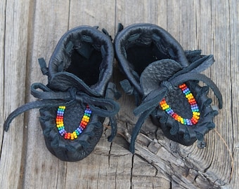 Beaded Buckskin Baby Moccasins: Rainbow Beaded, Black Leather