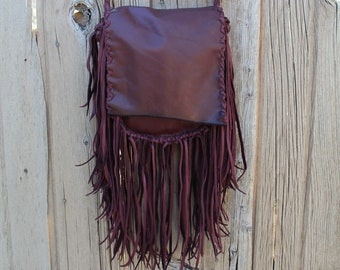 Fringed burgundy leather handbag, boho hippie bag, leather handbag, hippie bag, fringed purse, crossbody bag, leather purses