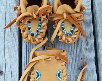 Beaded Leather Baby Moccasins and Pouch Gift Set