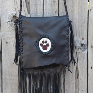 Wolf paw medicine bag , Fringed leather handbag , Crossbody handbag , Wolf paw totem bag image 1