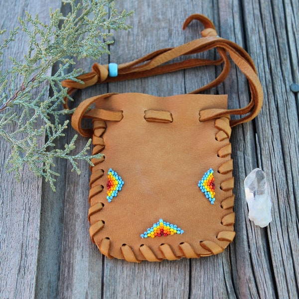 Beaded medicine bag ,  Leather drawstring pouch ,  Beaded fetish bag , Drawstring pouch