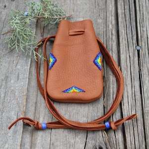 Beaded medicine bag, large medicine bag, buckskin leather medicine bag, beaded deerskin pouch image 1