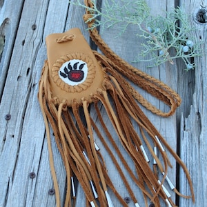 Fringed medicine bag with bear totem , Beaded amulet bag , leather necklace bag image 1