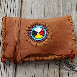 Beaded leather clutch ,  Four directions beadwork , Shamans bag , Soft leather wallet