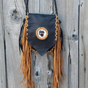 Fringed leather handbag, beaded bear paw, bear paw handbag, leather handbag, small size handbag, phone bag image 1