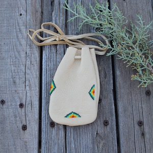 Beaded leather medicine bag,  buckskin pouch, beaded necklace bag, crystal pouch, talisman bag, buckskin leather bag