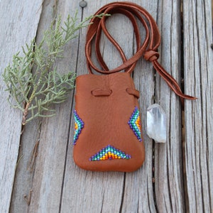 Beaded medicine bag, shamans bag, necklace bag, beaded buckskin leather medicine bag, crystal bag